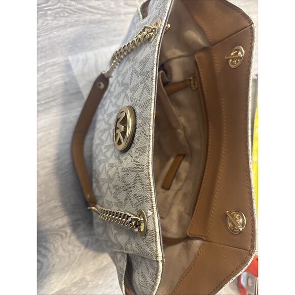 Michael Kors Authentic Signature MK Tote Shoulder Bag Chain Strap Brown/Gold - Picture 9 of 11